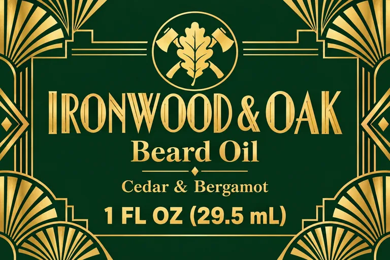 IRONWOOD & OAK Beard Oilのビアードオイルのラベル、AIラベルデザインで作成