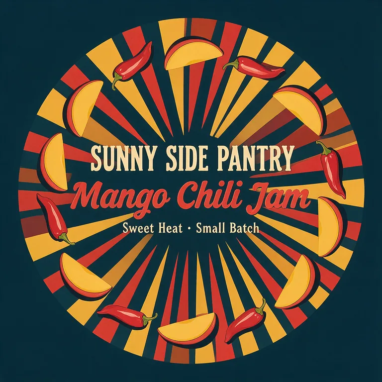 SUNNY SIDE PANTRY Mango Chili Jamのジャム瓶のふたラベル、AIラベルデザインで作成