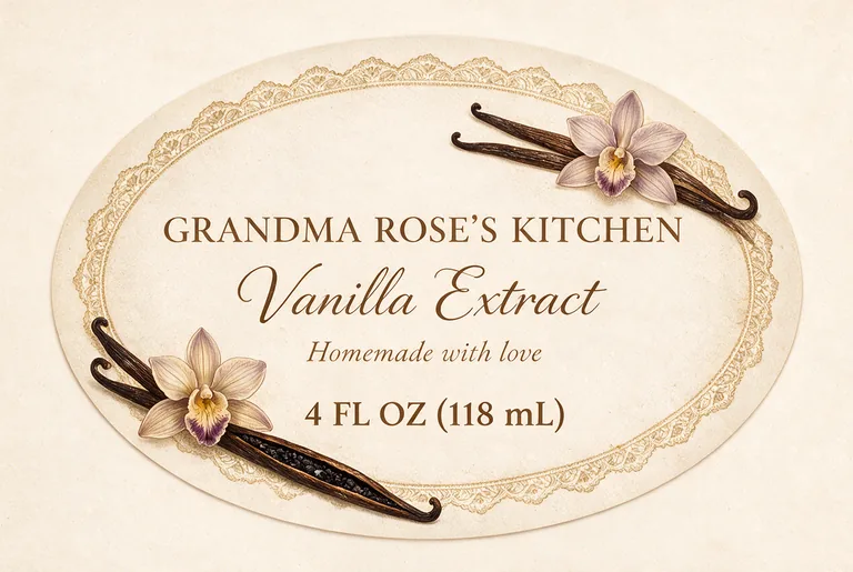GRANDMA ROSE'S KITCHEN Vanilla Extractの手作りギフトのラベル、AIラベルデザインで作成