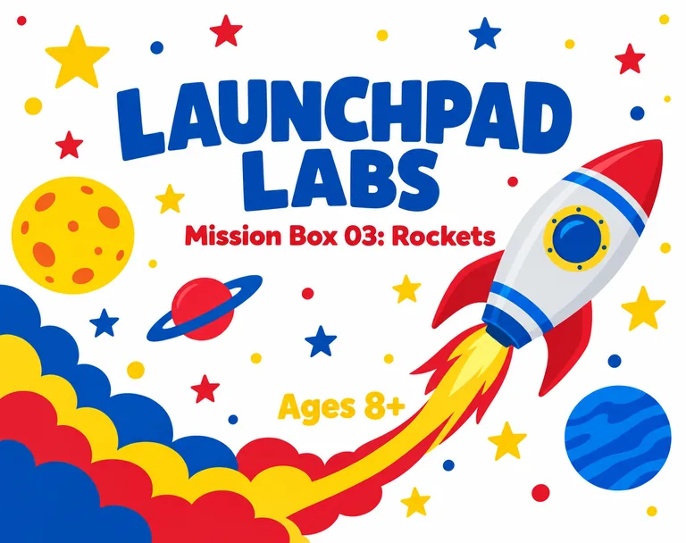 LAUNCHPAD LABS Mission Box 03: Rockets의 어린이 과학 키트 뚜껑, AI 택배 박스 디자인에서 제작