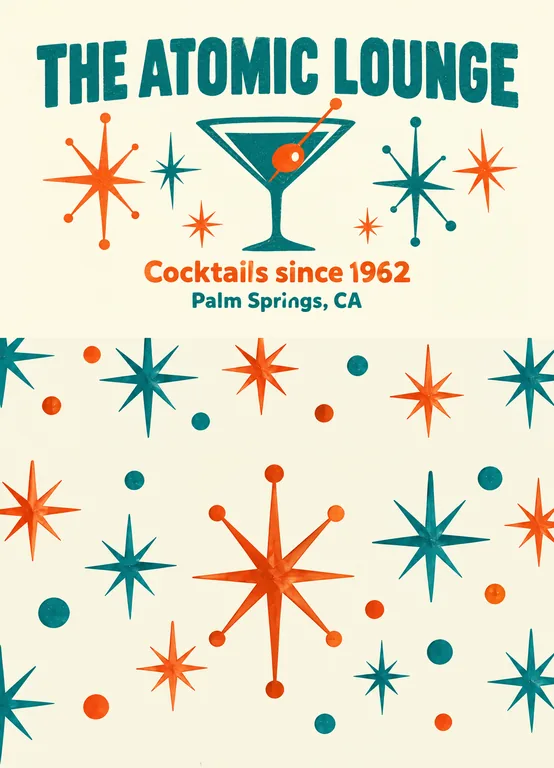 Cocktail bar matchbox wrap for THE ATOMIC LOUNGE Cocktails since 1962, made with AI Matchbox Design
