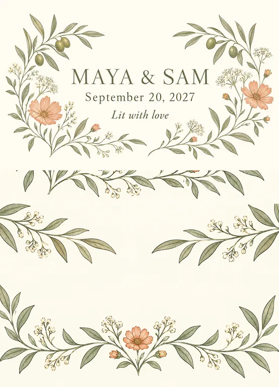 Garden wedding matchbox wrap for MAYA & SAM September 20, 2027, made with AI Matchbox Design