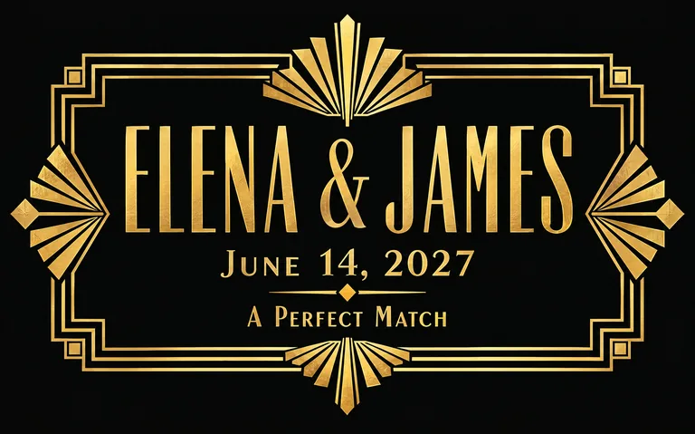 Art Deco wedding matchbox label for ELENA & JAMES June 14, 2027, made with AI Matchbox Design