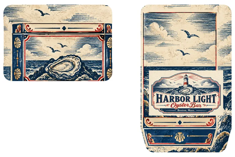 Oyster bar matchbox for HARBOR LIGHT Oyster Bar, made with AI Matchbox Design