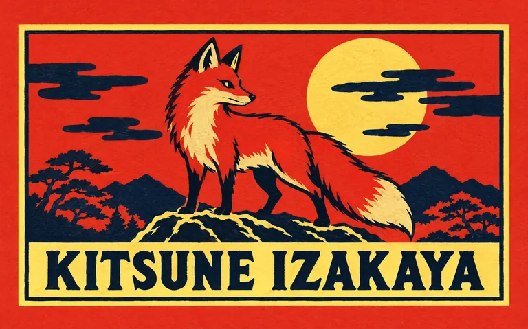 Izakaya matchbox label for KITSUNE IZAKAYA, made with AI Matchbox Design