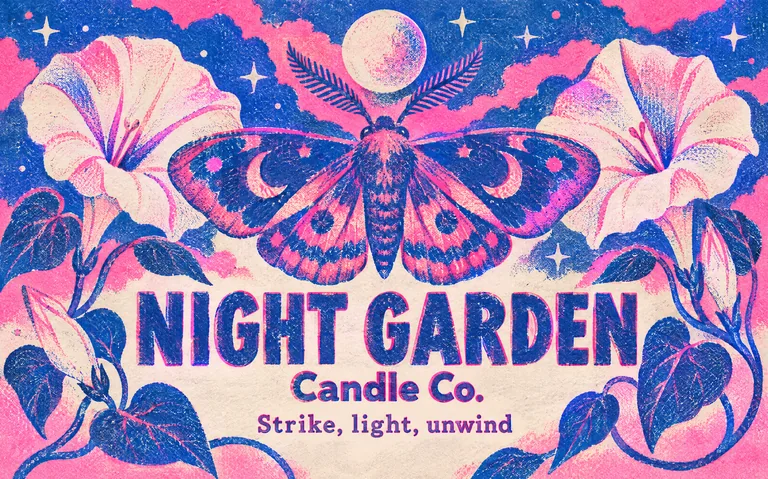 Candle brand matchbox label for NIGHT GARDEN Candle Co., made with AI Matchbox Design