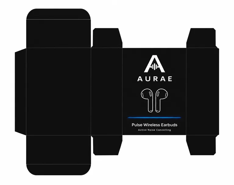 AURAE Pulse Wireless Earbudsのイヤホンの箱(展開図)、AIパッケージデザインで作成