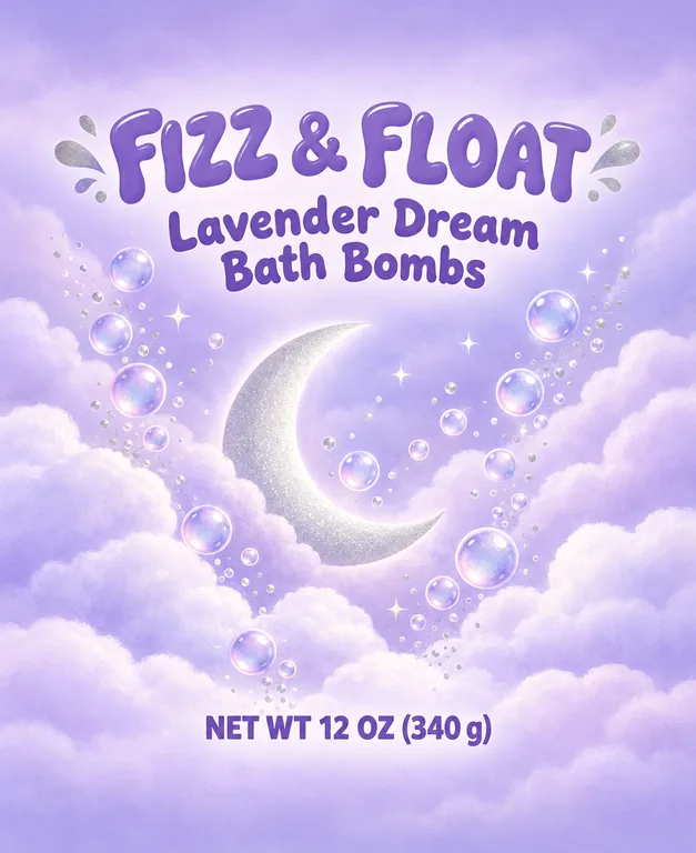 FIZZ & FLOAT Lavender Dream Bath Bombsのバスボムのパウチ、AIパッケージデザインで作成