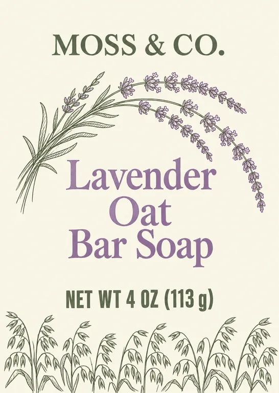 MOSS & CO. Lavender Oat Bar Soapの石けん箱の正面、パッケージAIで作成