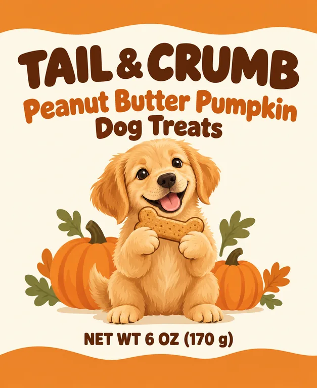 TAIL & CRUMB Peanut Butter Pumpkin Dog Treatsの犬用おやつのパウチ、AIパッケージデザインで作成