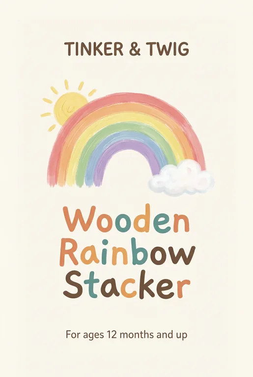 TINKER & TWIG Wooden Rainbow Stackerのおもちゃの箱の正面、AIパッケージデザインで作成