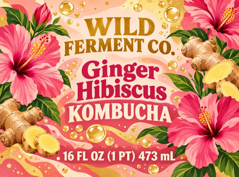 WILD FERMENT CO. Ginger Hibiscus Kombuchaのコンブチャのラベル、AIパッケージデザインで作成