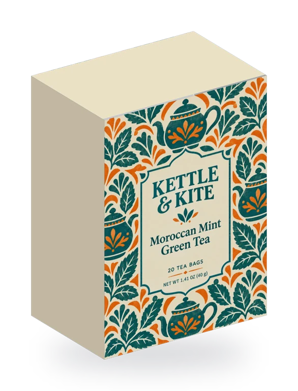 無料の3Dボックスで作った紅茶の箱のモックアップ:Kettle & Kiteの入稿データを76.2 × 50.8 × 101.6mm(3 × 2 × 4インチ)の箱に組み立てたもの