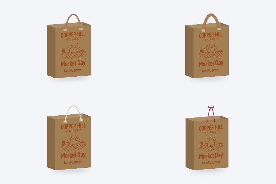 The same paper bag drawn with twisted paper, flat paper, cotton rope and ribbon handles