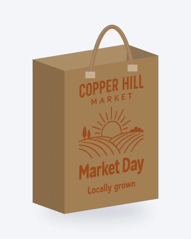 A printed paper shopping bag at 10 × 5 × 13 in with a twisted paper handle, made in the free 3D tab