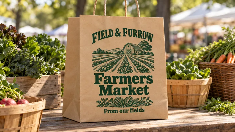 Kraft bag at a farmers market, made with AI Paper Bag Mockup