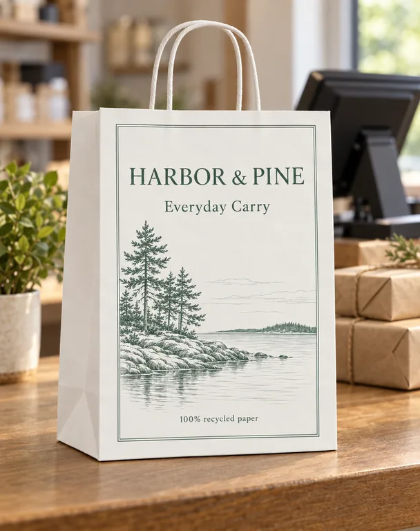 White bag on a shop counter, made with AI Paper Bag Mockup