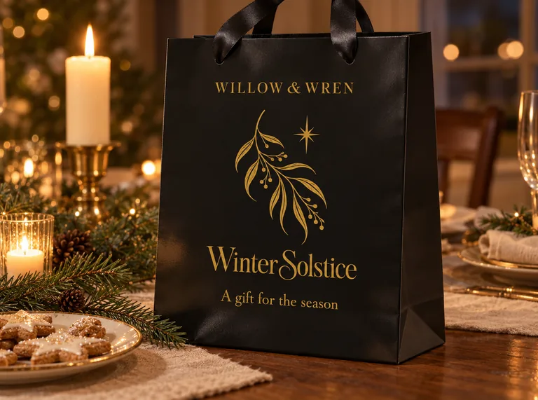 Black bag with a ribbon on a holiday table, made with AI Paper Bag Mockup