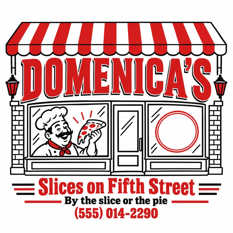 Slice shop pizza box lid for DOMENICA’S Slices on Fifth Street, made with AI Pizza Box Design