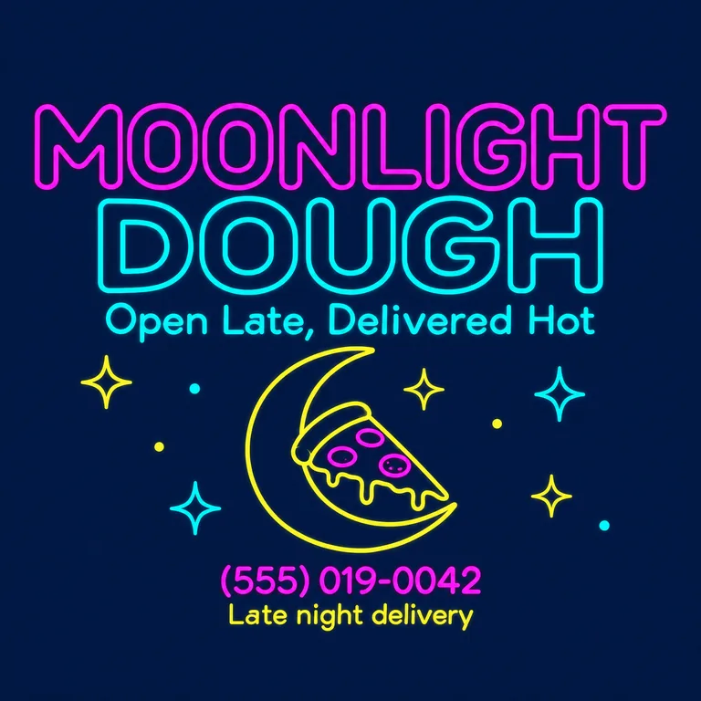 Late night pizza box lid for MOONLIGHT DOUGH Open Late, Delivered Hot, made with AI Pizza Box Design
