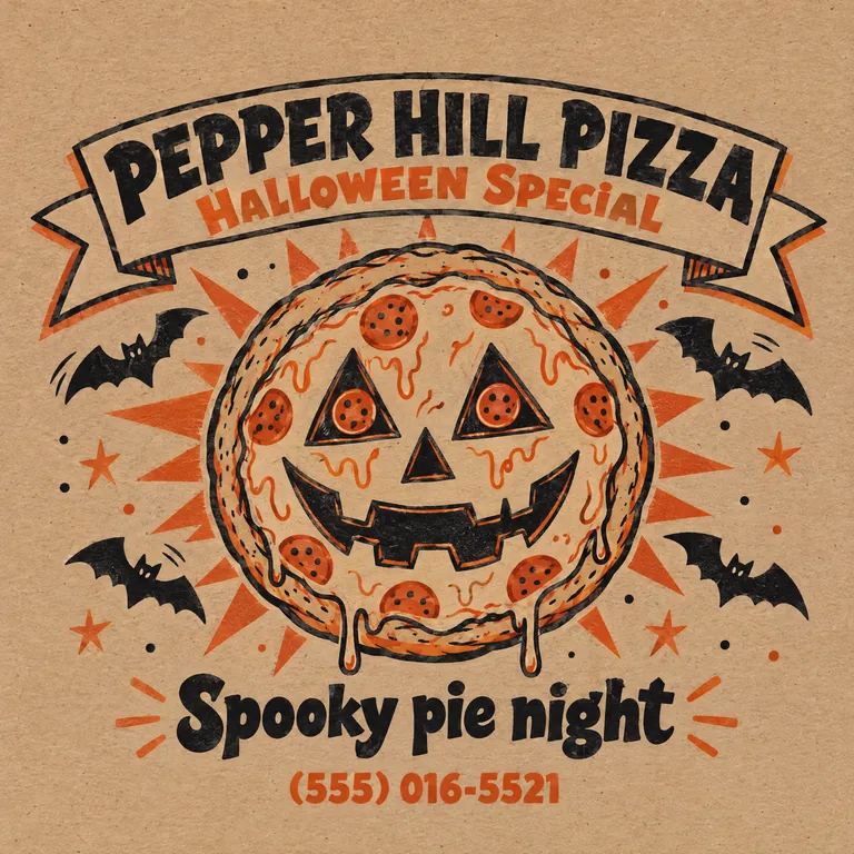 Halloween pizza box lid for PEPPER HILL PIZZA Halloween Special, made with AI Pizza Box Design