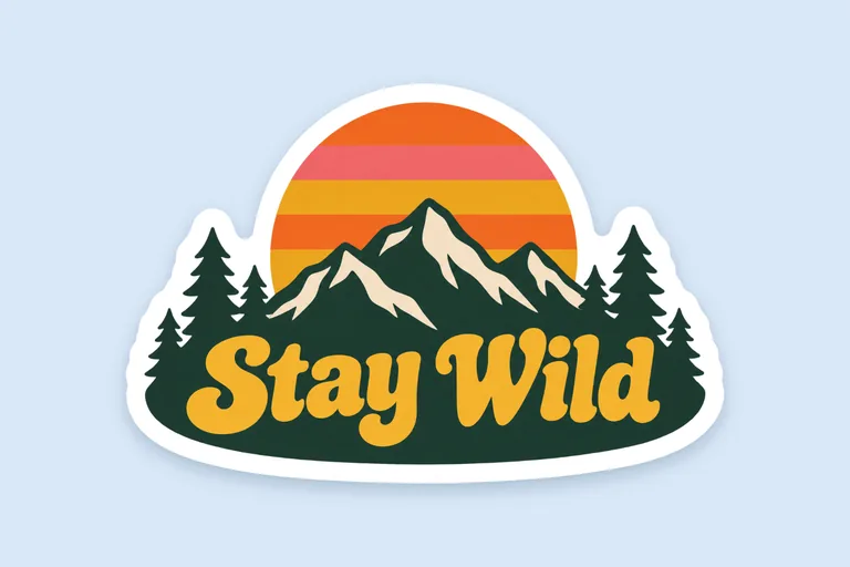 Stay Wildのレトロな夕日のステッカー、AIステッカーデザインで作成