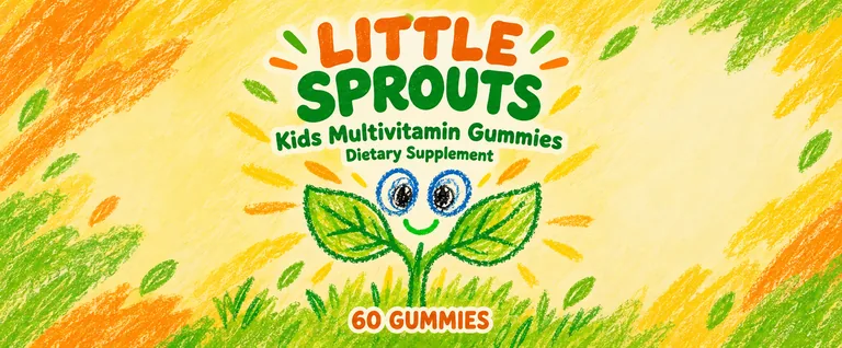 LITTLE SPROUTS Kids Multivitamin Gummiesの子ども用グミのラベル、AIサプリパッケージデザインで作成