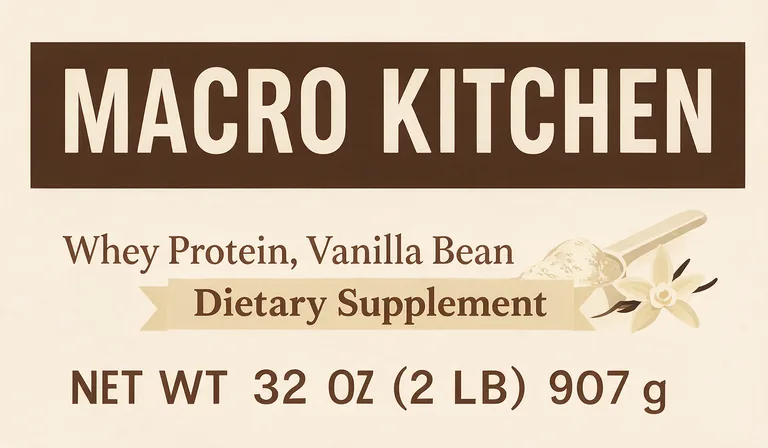 MACRO KITCHEN Whey Protein, Vanilla Beanのプロテイン容器のラベル、AIサプリパッケージデザインで作成