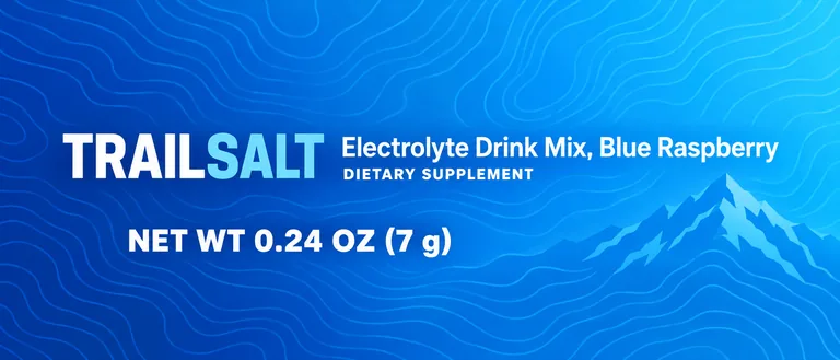 TRAILSALT Electrolyte Drink Mix, Blue Raspberryのスティック包装、AIサプリパッケージデザインで作成