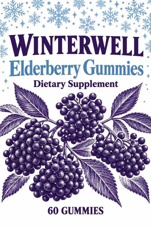 WINTERWELL Elderberry Gummiesのパウチの正面ラベル、AIサプリパッケージデザインで作成