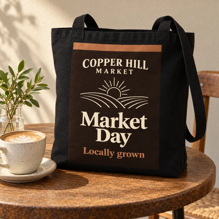 Bolsa tote negra en una mesa de café, con la herramienta Mockups de tote bags con IA