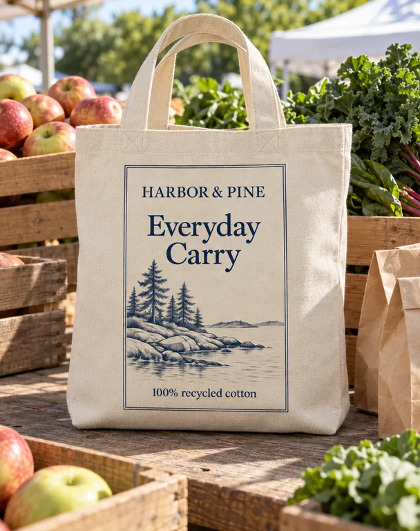 Bolsa tote natural en un puesto de mercado, con la herramienta Mockups de tote bags con IA