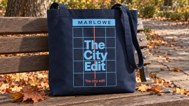Bolsa tote azul marino al aire libre, con la herramienta Mockups de tote bags con IA