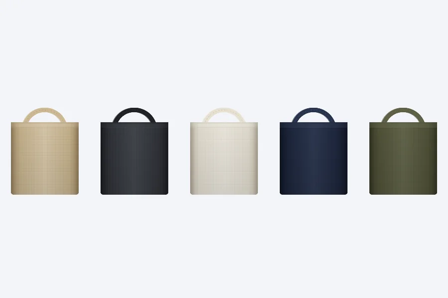 Cinco bolsas tote de lona lisas en tela natural, negra, blanca, azul marino y verde oliva