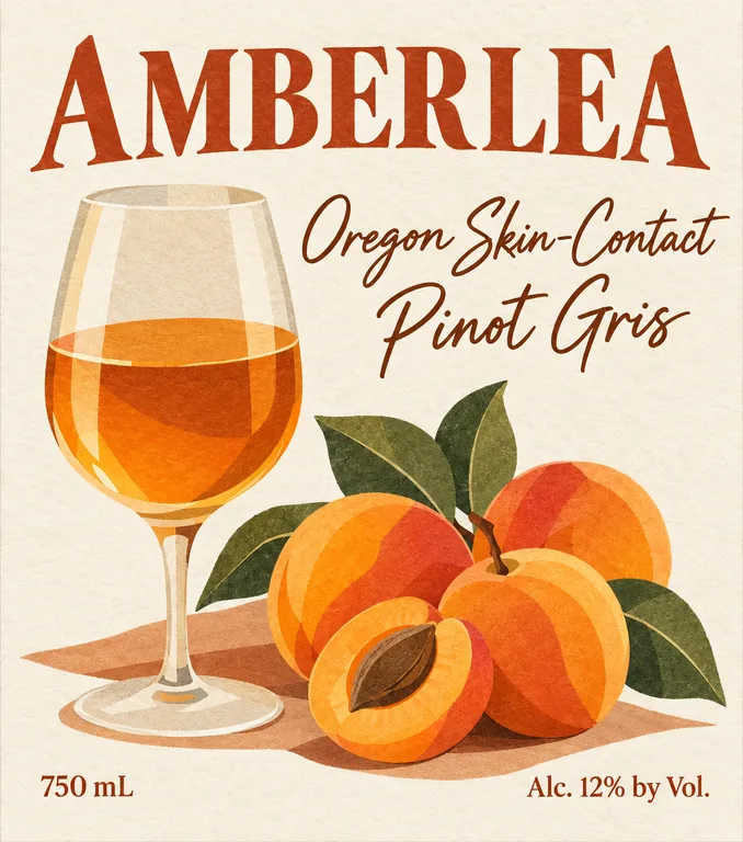AMBERLEA Oregon Skin-Contact Pinot Gris의 오렌지 와인 라벨, AI 와인 라벨 디자인에서 제작