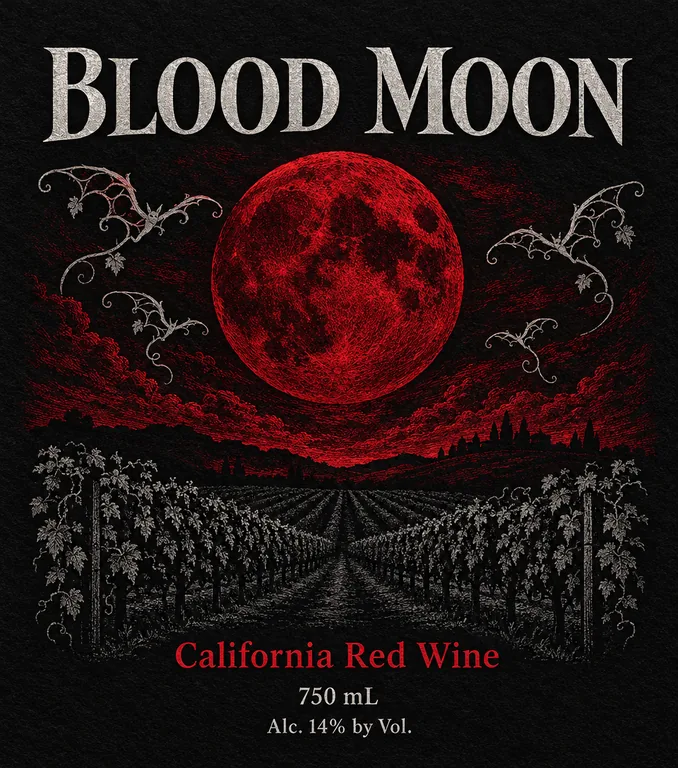 BLOOD MOON California Red Wine의 핼러윈 와인 라벨, AI 와인 라벨 디자인에서 제작