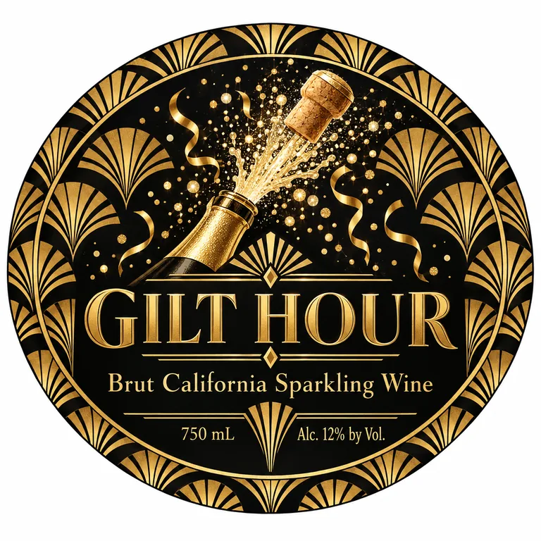 GILT HOUR Brut California Sparkling Wine의 스파클링 와인 라벨, AI 와인 라벨 디자인에서 제작