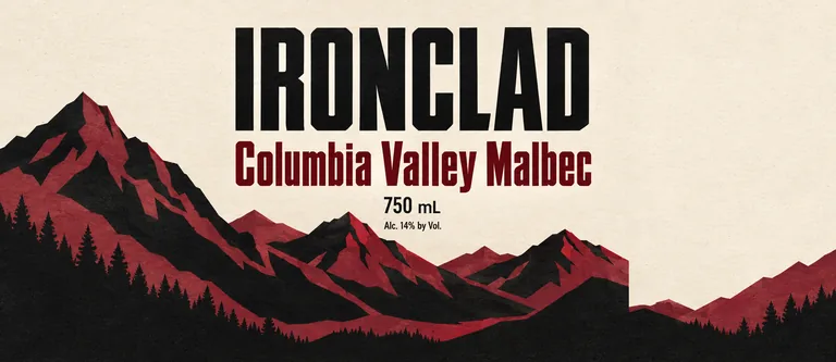 IRONCLAD Columbia Valley Malbec의 말벡 둘레 라벨, AI 와인 라벨 디자인에서 제작