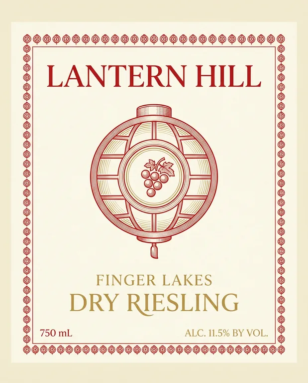 LANTERN HILL Finger Lakes Dry Riesling의 리슬링 앞 라벨, AI 와인 라벨 디자인에서 제작
