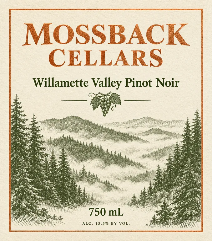 MOSSBACK CELLARS Willamette Valley Pinot Noirのピノ・ノワールの表ラベル、パッケージAIで作成