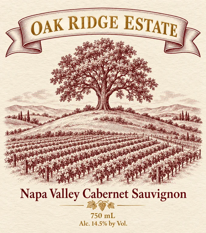 OAK RIDGE ESTATE Napa Valley Cabernet Sauvignon의 카베르네 앞 라벨, AI 와인 라벨 디자인에서 제작