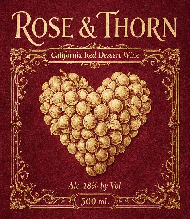 ROSE & THORN California Red Dessert Wine의 디저트 와인 라벨, AI 와인 라벨 디자인에서 제작