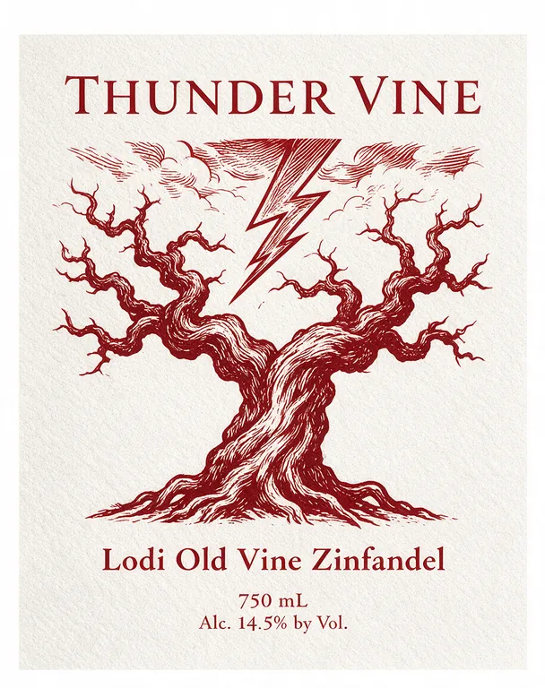 THUNDER VINE Lodi Old Vine Zinfandelのジンファンデルの表ラベル、パッケージAIで作成