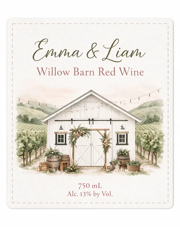 Emma & Liam Willow Barn Red Wine의 웨딩 와인 라벨, AI 와인 라벨 디자인에서 제작