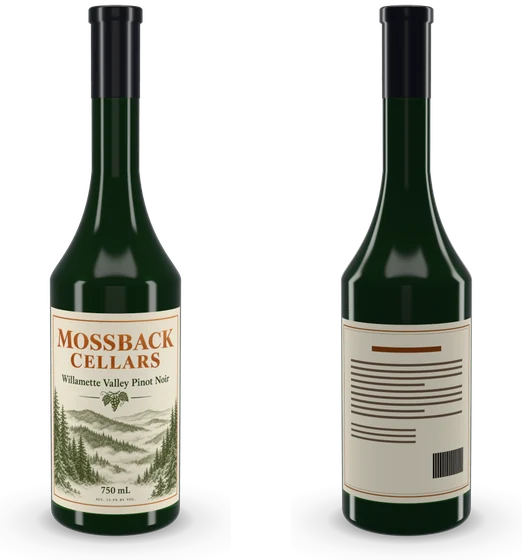 Una botella de vino de frente con su etiqueta frontal y de espaldas con su contraetiqueta