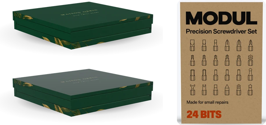 A gift box with lid in matte and in gloss, and a screwdriver set box printed on kraft