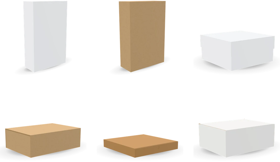 Leere Faltschachteln mit gegenläufigem und gleichläufigem Steckverschluss, eine Stülpdeckelschachtel, eine Schiebeschachtel, ein Pizzakarton und eine Mailer-Box