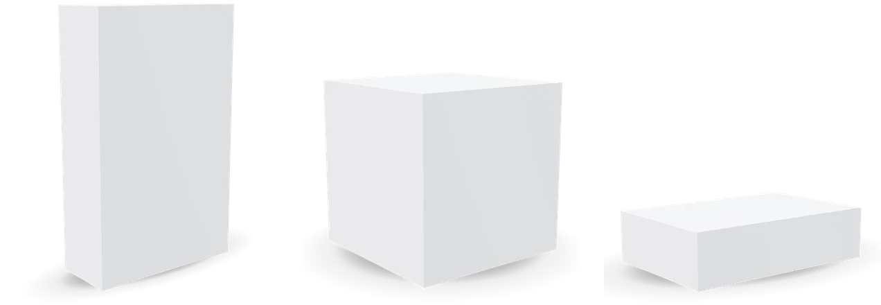 One blank tuck end box at three sizes, tall, cube and flat, on white board