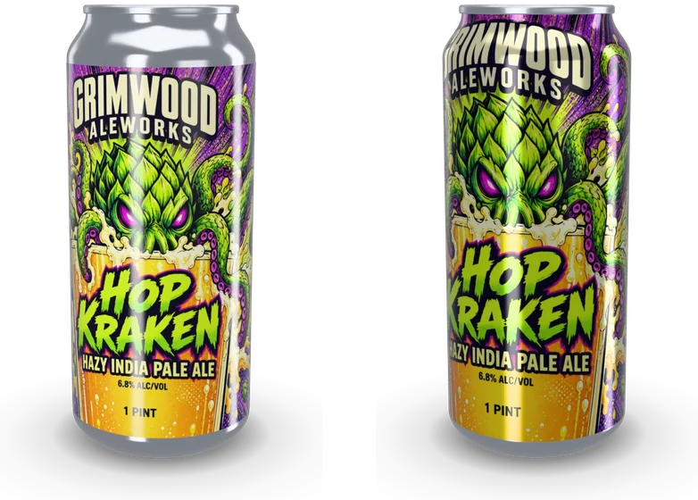 One design as a wrap label on a 16 oz can and as a printed can