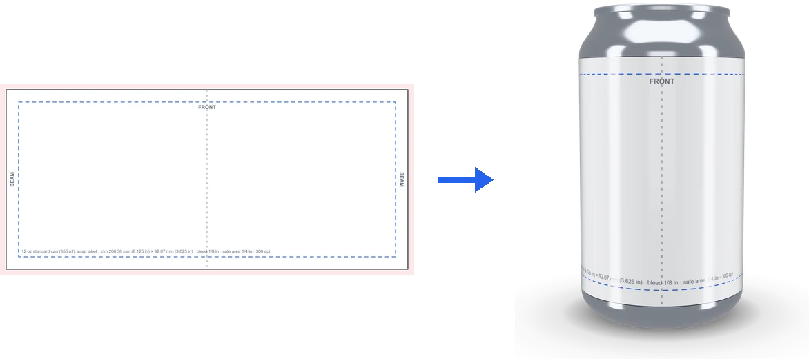 The can wrap template at its print size and the same template on the can